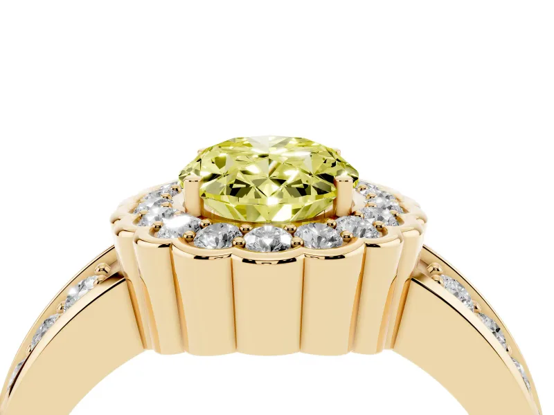 Oval Scalloped Halo Engagement Ring Setting for a Fancy Yellow Lab-Grown Diamond | Double Row Band | Yellow Gold
