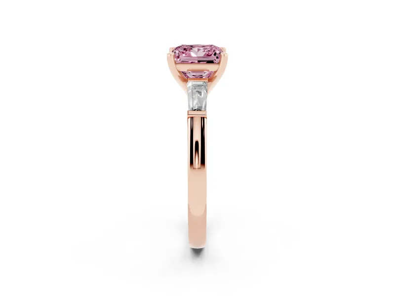 Fancy Pink Princess Cut Diamond Solitaire Ring Set in Rose gold with Tapered Baguette Side Stones and Prong Setting