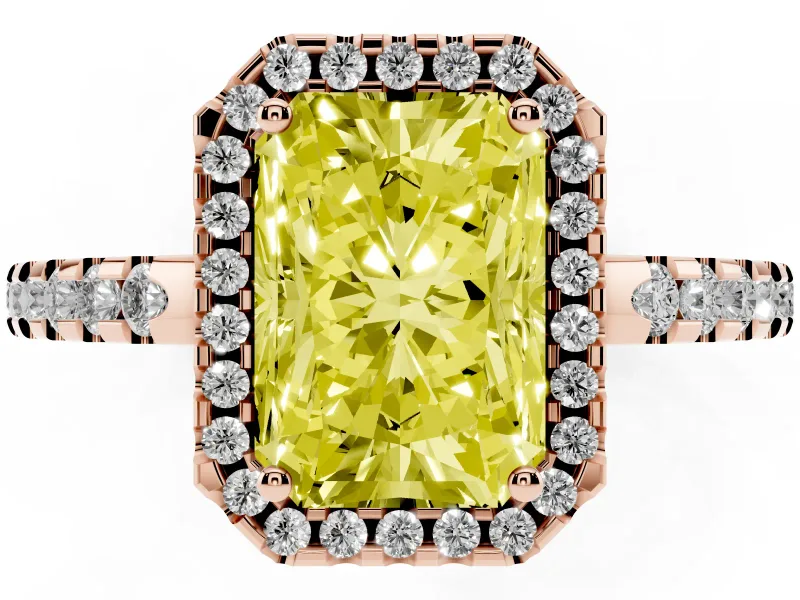 Radiant Cut Pave Halo Engagement Ring Setting for a Fancy Yellow Lab-Grown Diamond | Rose Gold
