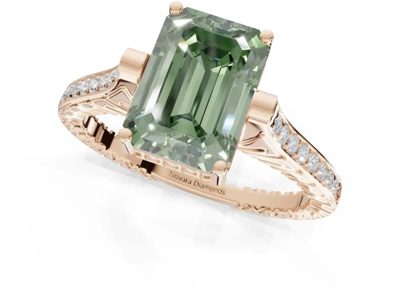 Emerald Cut Vintage Cathedral Engagement Ring Setting for a Fancy Green Lab-Grown Diamond | Carved Band | Rose Gold
