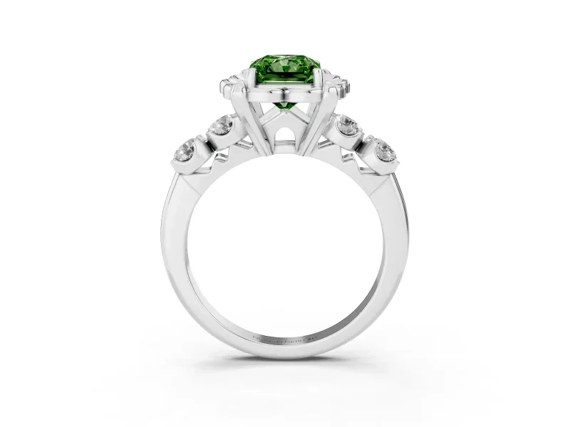 Fancy Green Radiant Cut Diamond Floral Halo Ring Set in Silver with Shared Prong Band