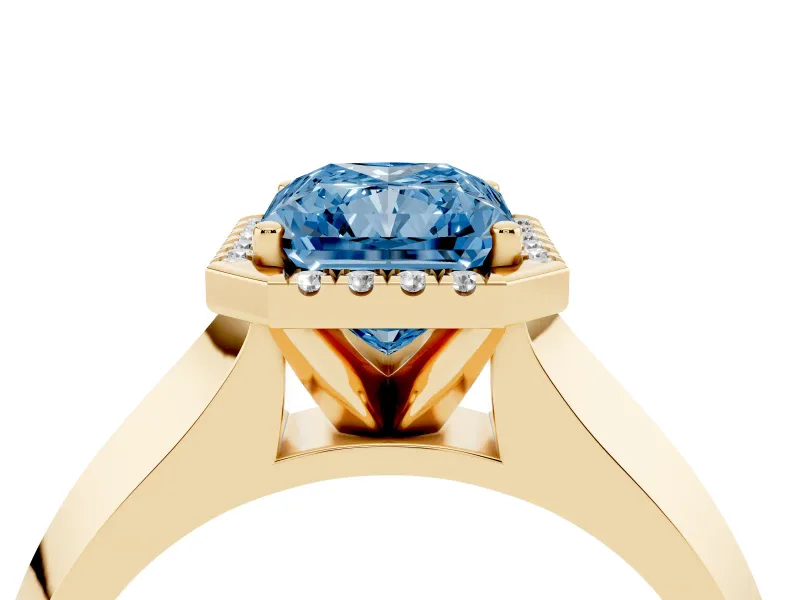 Fancy Blue Radiant Cut Diamond Halo Ring Set in Yellow gold with Cathedral Band and Prong Setting