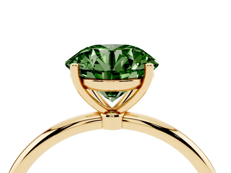Fancy Green Round Cut Diamond Solitaire Engagement Ring Set in Yellow gold with Thin Band and Prong Setting