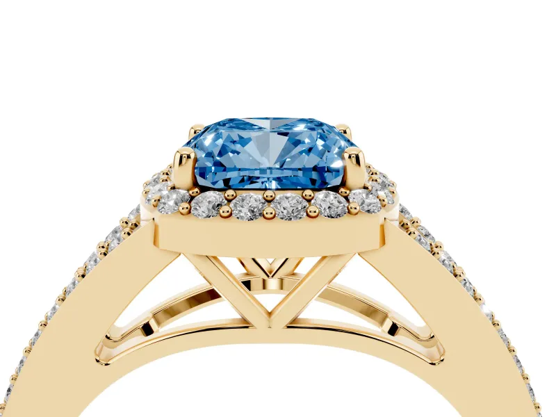 Cushion Cut Halo Engagement Ring Setting for a Fancy Blue Lab-Grown Diamond | V-Split Pavé Band | Yellow Gold