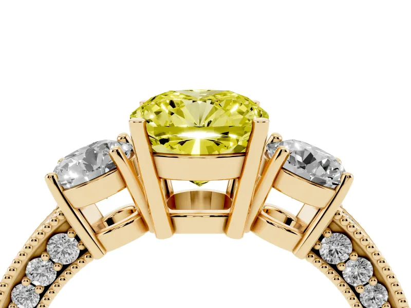 Fancy Yellow Cushion Cut Diamond Three-Stone Ring Set in Yellow gold with Round Side Stones and Pavé Band