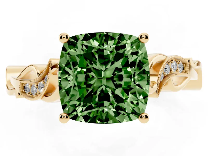 Cushion Cut Vine Engagement Ring Setting for a Fancy Green Lab-Grown Diamond | Yellow Gold
