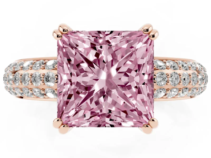 Princess Cut Three Row Pave Engagement Ring Setting for a Fancy Pink Lab-Grown Diamond | Rose Gold