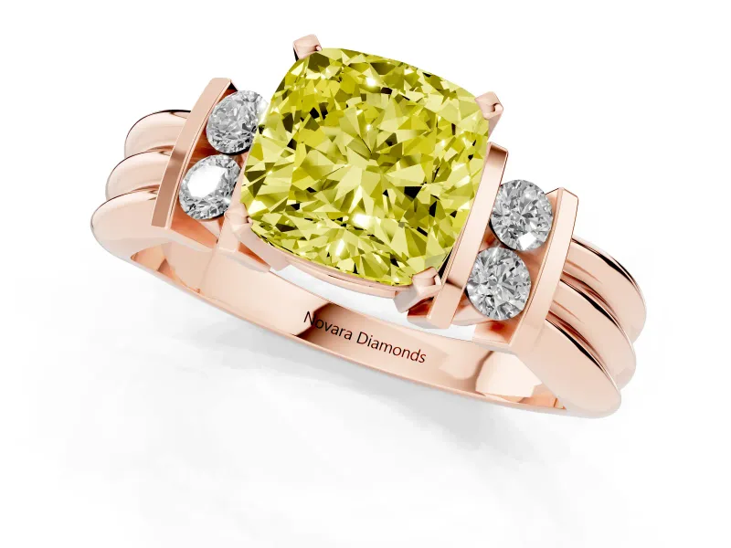 Fancy Yellow Three-Stone Cushion Cut Diamond Channel Set Ring Set in Rose gold with Bar Prongs