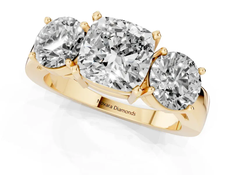Cushion Cut Three Stone Engagement Ring Setting | Wide Plain Band | Yellow Gold