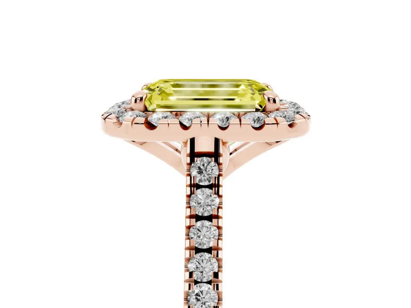 Emerald Cut Halo Engagement Ring Setting for a Fancy Yellow Lab-Grown Diamond | Tapered Band | Rose Gold