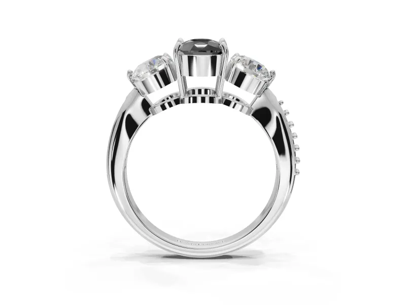 Fancy Black Cushion Cut Lab-Grown Diamond Three-Stone Ring Set in Sterling Silver with Channel-Set Band and Prong Setting