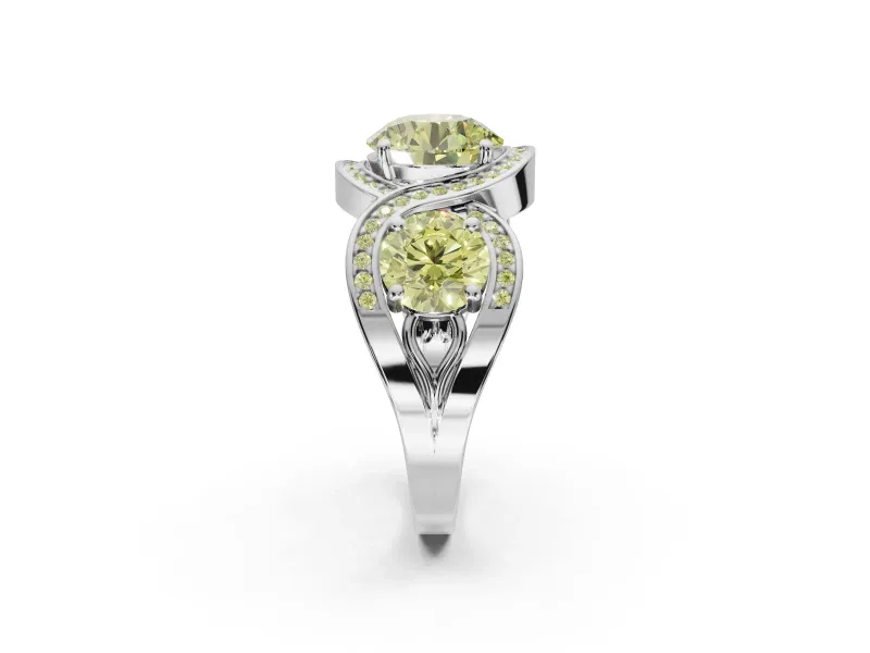 Round Three Stone Halo Engagement Ring Setting for a Fancy Yellow Lab-Grown Diamond | Pavé Wave Band | Platinum