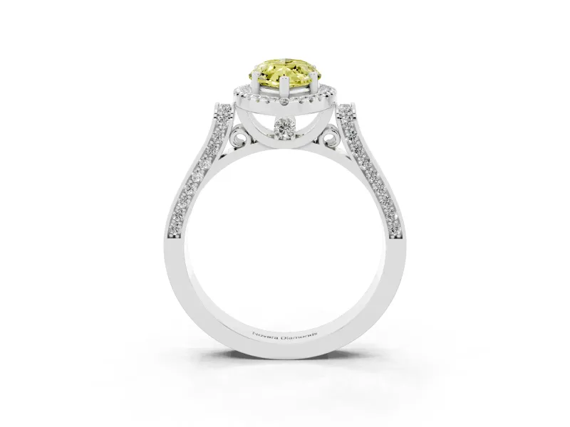 Fancy Yellow Marquise Cut Diamond Halo Ring Set in White gold with Pavé-Lined Split Shank Band