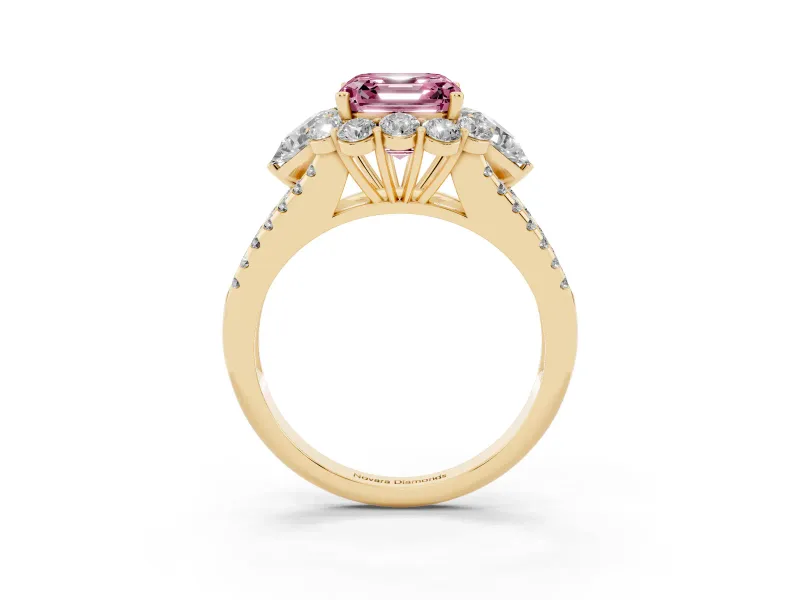 Asscher Cut Scalloped Halo Engagement Ring Setting for a Fancy Pink Lab-Grown Diamond | Pear Side Stones | Yellow Gold