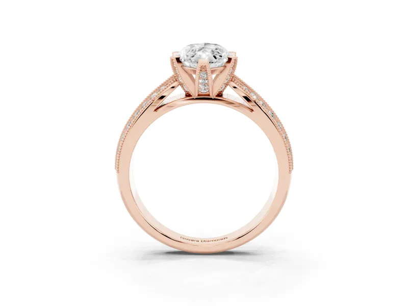 Marquise Cut Diamond Solitaire Ring Set in Rose gold with Milgrain Double Row Round Pavé Band