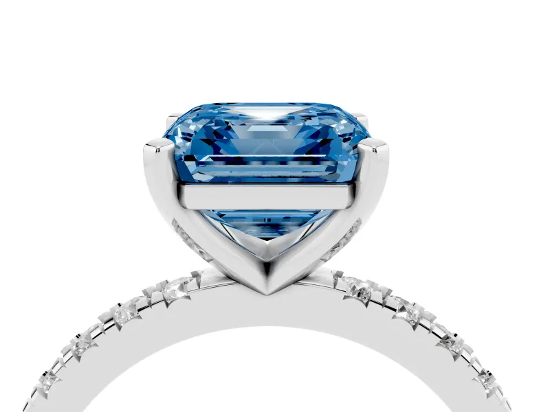 Fancy Blue Asscher Cut Diamond Pavé Band Solitaire Set in Platinum with Prong Setting