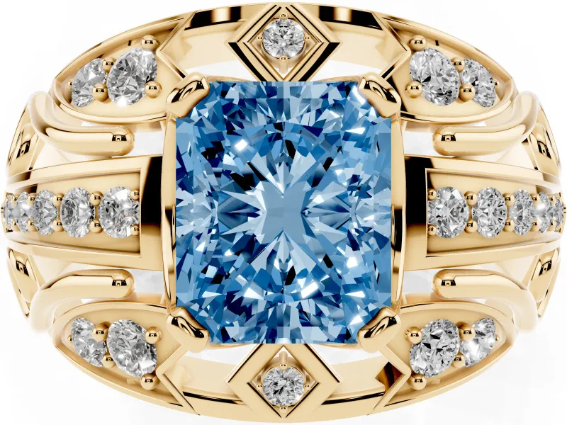 Radiant Cut Art Deco Engagement Ring Setting for a Fancy Blue Lab-Grown Diamond | Yellow Gold