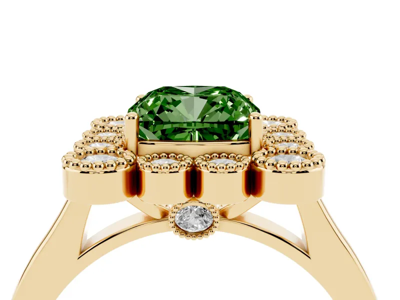 Cushion Cut Milgrain Cluster Halo Engagement Ring Setting for a Fancy Green Lab-Grown Diamond | Plain Band | Yellow Gold