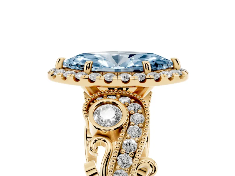 Fancy Blue Marquise Cut Diamond Halo Ring Set in Yellow gold with Milgrain Pavé Band and Prong Setting