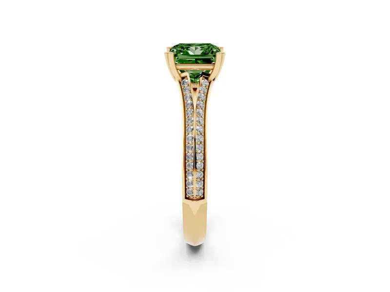 Princess Cut Split Shank Engagement Ring Setting for a Fancy Green Lab-Grown Diamond | Pave Band | Yellow Gold