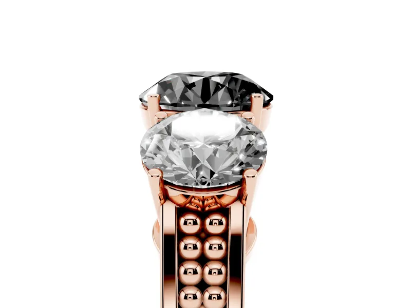 Round Three Stone Engagement Ring Setting for a Black Center | Beaded Shoulders | Rose Gold