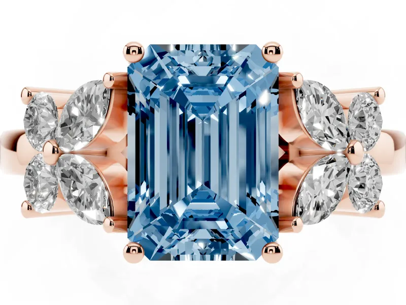 Emerald Cut Floral Side Stone Engagement Ring Setting for a Fancy Blue Lab-Grown Diamond | Rose Gold