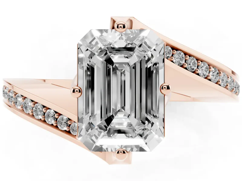Emerald Cut Bypass Pavé Solitaire Engagement Ring Setting | Angled Head | Rose Gold