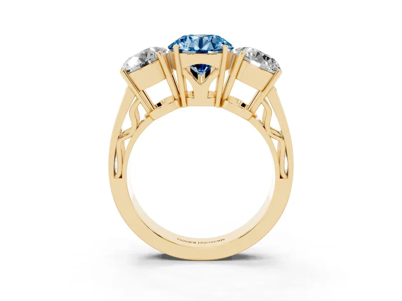 Round Engagement Ring Setting for a Fancy Blue Lab-Grown Diamond | Three Stone | Yellow Gold