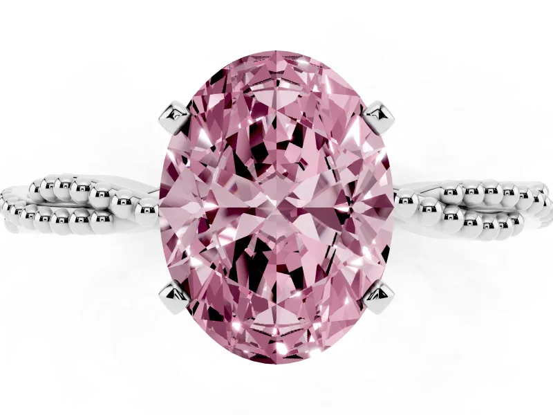 Fancy Pink Oval Cut Diamond Solitaire Ring Set in Silver with Twisted Band and Bead Prong Setting