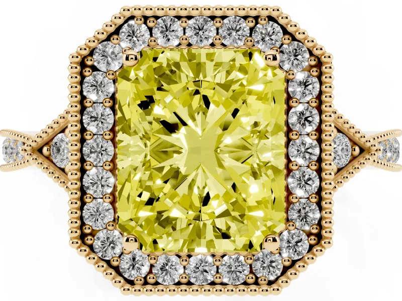 Fancy Yellow Radiant Cut Diamond Halo Engagement Ring Set in Yellow gold with Milgrain Pavé Band