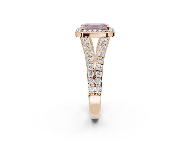 Emerald Cut Halo Pavé Engagement Ring Setting for a Fancy Pink Lab-Grown Diamond | Narrow Split Shank | Rose Gold
