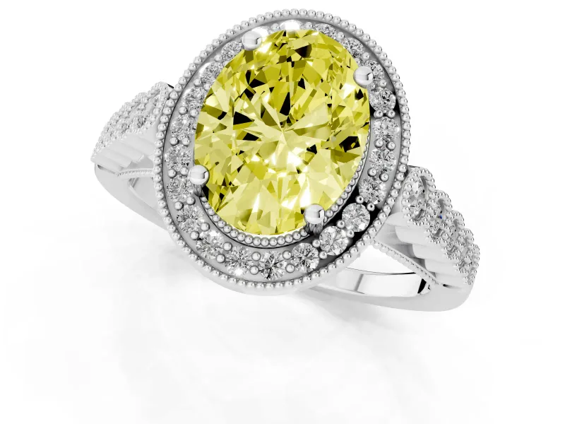 Fancy Yellow Oval Cut Diamond Milgrain Halo Solitaire Ring Set in White gold with Bezel Set Side Stones and Pavé Band