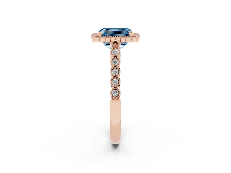 Radiant Cut Milgrain Halo Engagement Ring Setting for a Fancy Blue Lab-Grown Diamond | Beaded Shoulders | Rose Gold