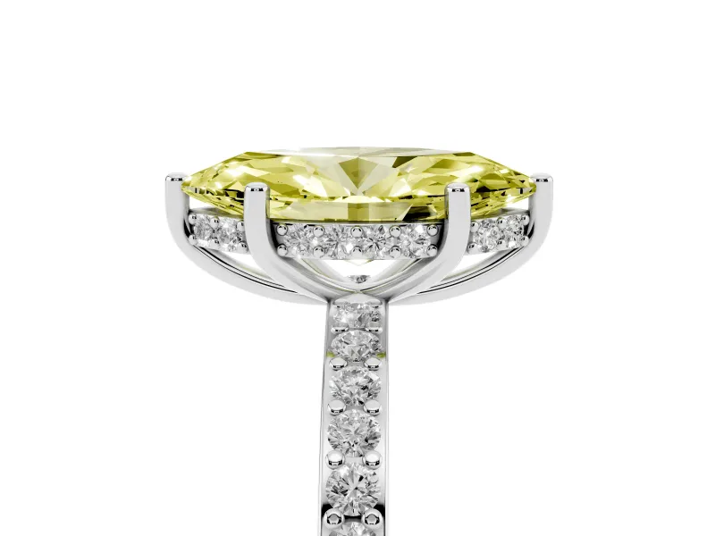Fancy Yellow Marquise Cut Diamond Pavé Band Ring Set in White gold with Prong-Set Center Stone