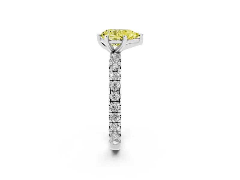 Fancy Yellow Pear Cut Diamond Pavé Solitaire Ring Set in White gold with Round Band and Prong Setting