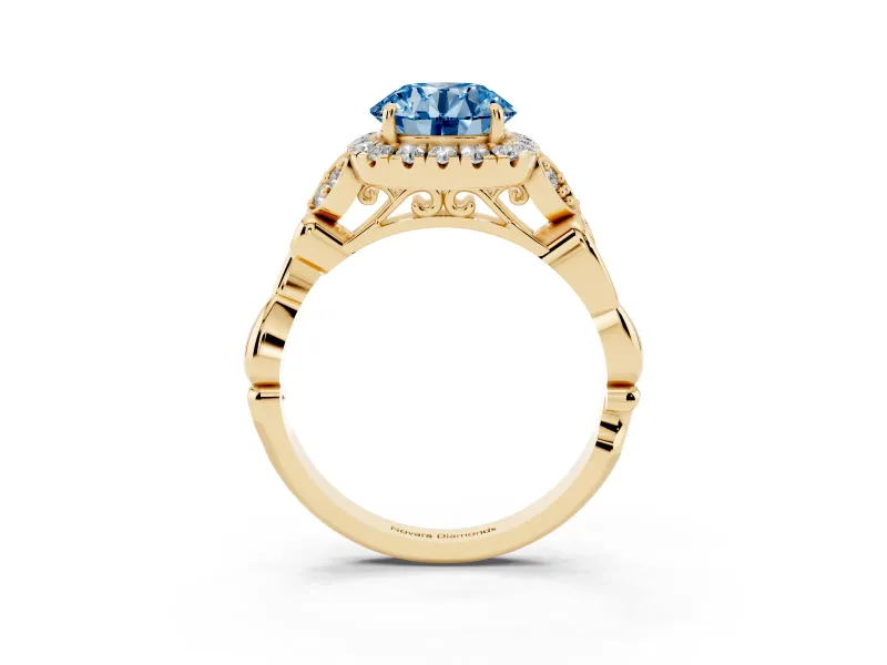 Round Halo Engagement Ring Setting for a Fancy Blue Lab-Grown Diamond | Leaf Shoulders | Yellow Gold