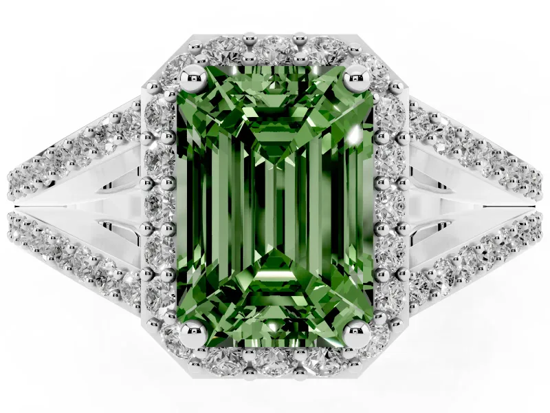 Emerald Cut Split Shank Halo Engagement Ring Setting for a Fancy Green Lab-Grown Diamond | Platinum