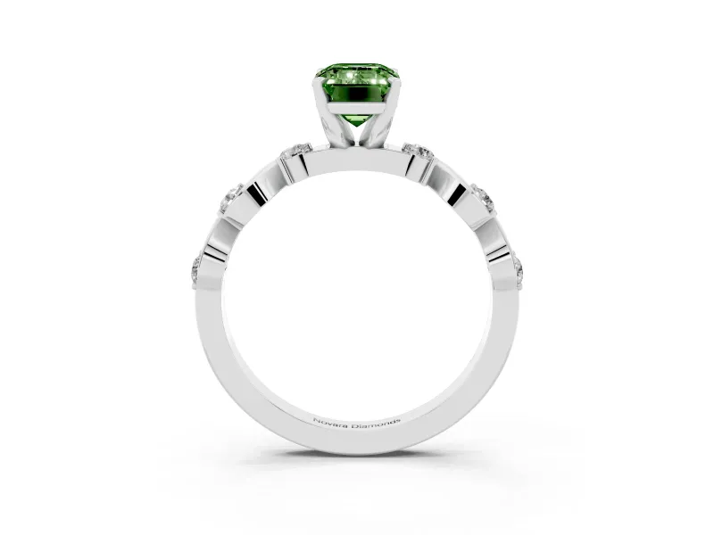 Fancy Green Emerald Cut Diamond Solitaire Ring Set in Platinum with Ribbon Twist Band, Round Accents and Prong Setting