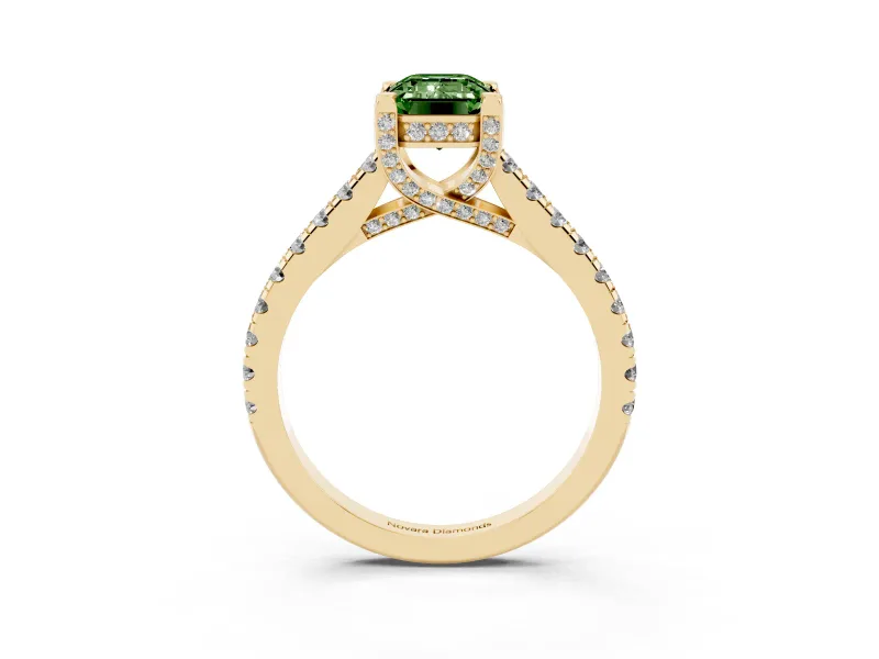 Emerald Cut Hidden Halo Pave Engagement Ring Setting for a Fancy Green Lab-Grown Diamond | Claw Prongs | Yellow Gold