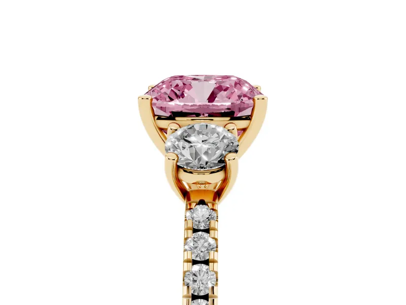 Cushion Cut Three Stone Engagement Ring Setting for a Fancy Pink Lab-Grown Diamond | Pave Shoulders | Yellow Gold