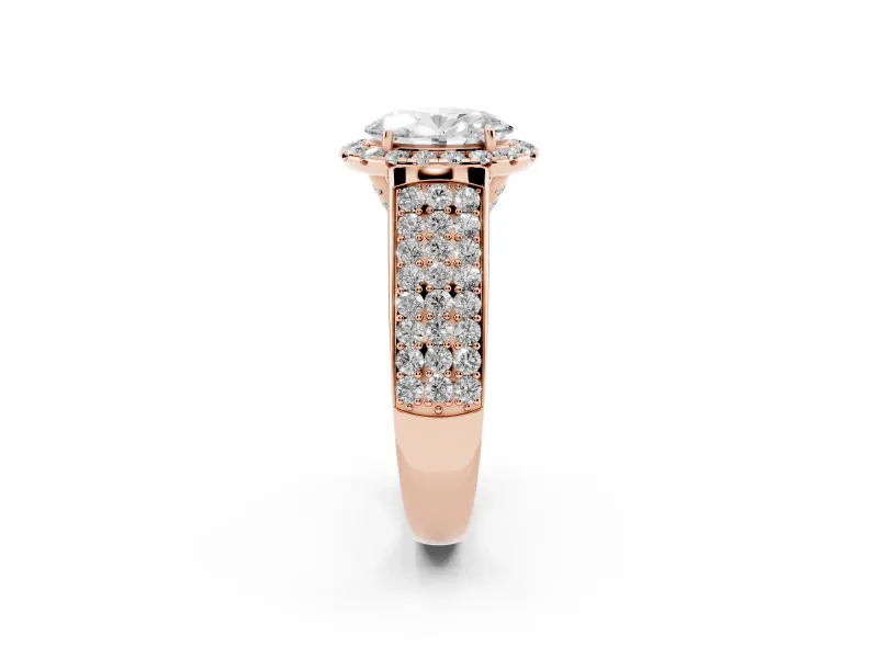 Oval Cut Diamond Halo Ring Set in Rose gold with Pavé Band and Raised Center Setting