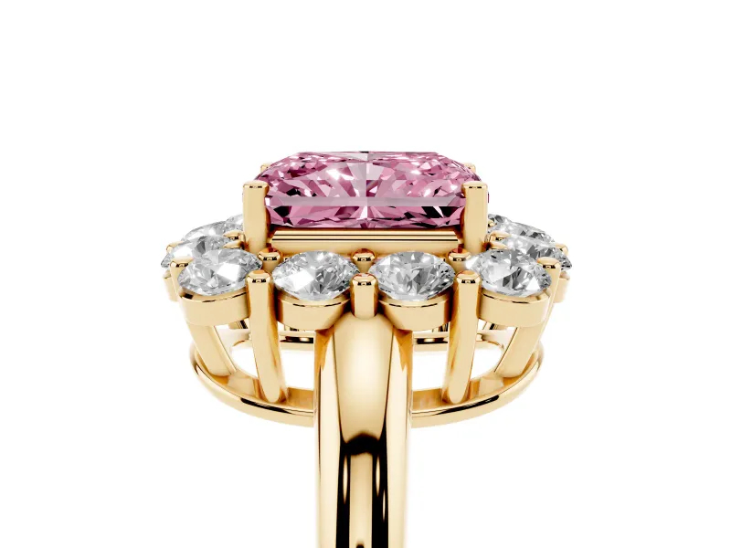 Radiant Cut Cluster Halo Engagement Ring Setting for a Fancy Pink Lab-Grown Diamond | Large Round Accents | Yellow Gold