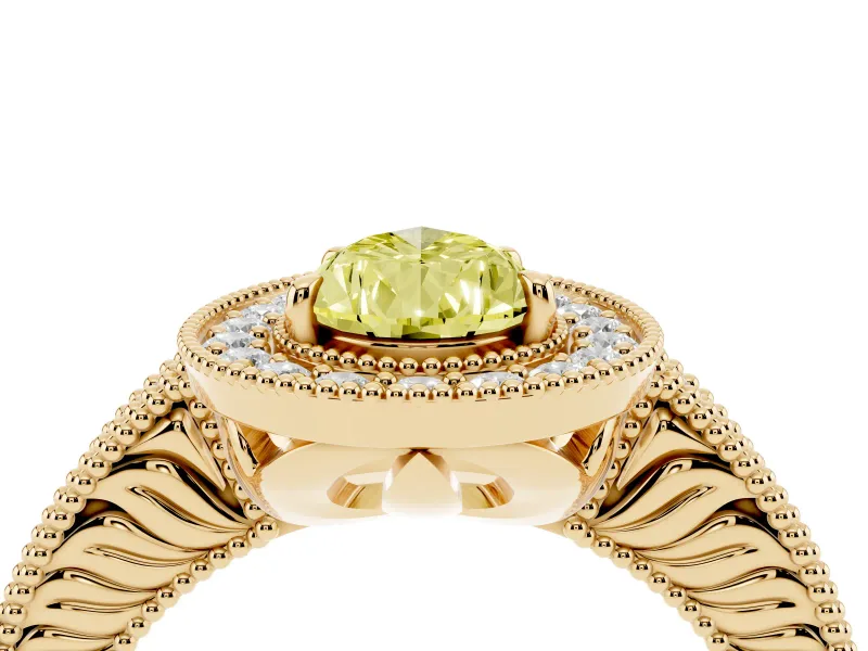 Fancy Yellow Pear Cut Diamond Halo Ring Set in Yellow gold with Round Accent Halo, Pavé Band and Prong Setting
