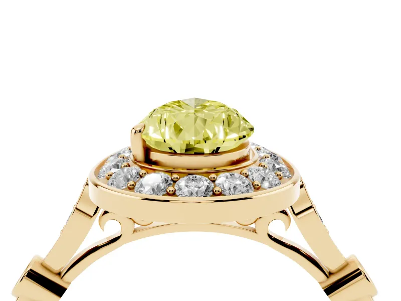 Fancy Yellow Pear Cut Diamond Halo Engagement Ring Set in Yellow gold with Twisted Band and Prong Setting