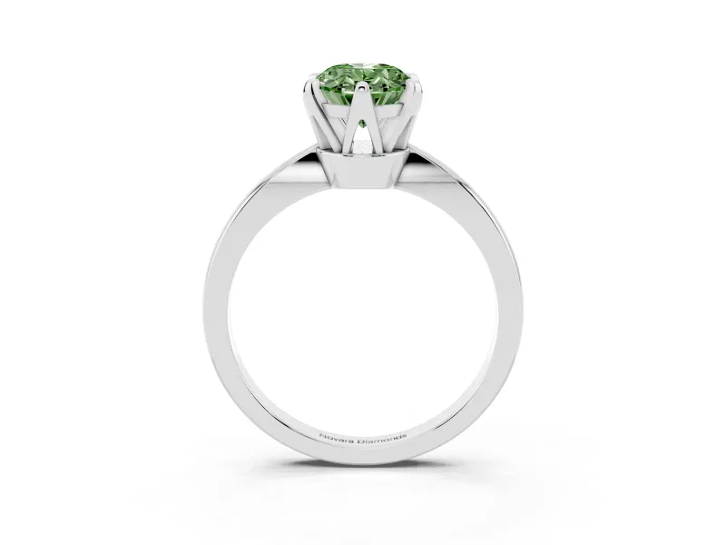 Fancy Green Oval Cut Diamond Solitaire Engagement Ring Set in Silver with Slim Tapered Solitaire Band