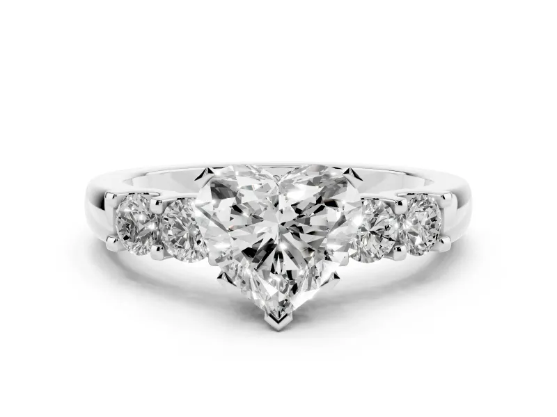 Heart Cut Diamond Five-Stone Prong Set Engagement Ring Set in White gold with Channel Band