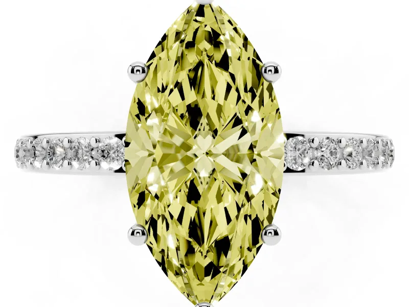 Fancy Yellow Marquise Cut Diamond Pavé Band Ring Set in Platinum with Prong-Set Center Stone