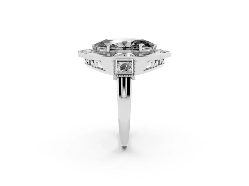 Marquise Milgrain Sectioned Halo Engagement Ring Setting for a Black Center | Sterling Silver
