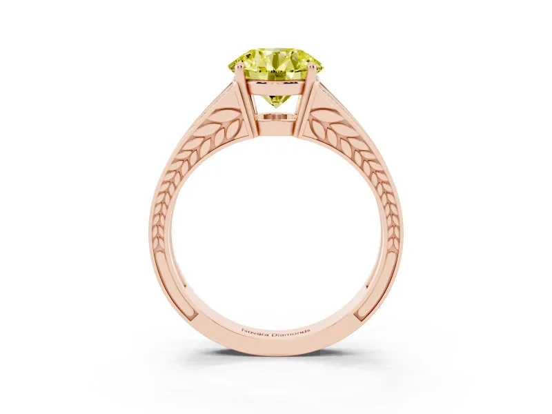 Fancy Yellow Round Cut Diamond Split Shank Ring Set in Rose gold with Pavé Band and Prong Setting
