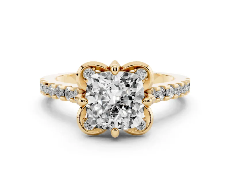 Cushion Cut Diamond Solitaire Ring Set in Yellow gold with Pavé Band and Floral Prong Setting